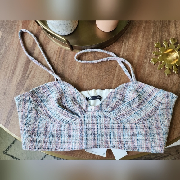 ZARA CHECKERED CORSET CROP TOP BLOGGERS FAV LARGE Pink Multi NEW - Picture 5 of 6